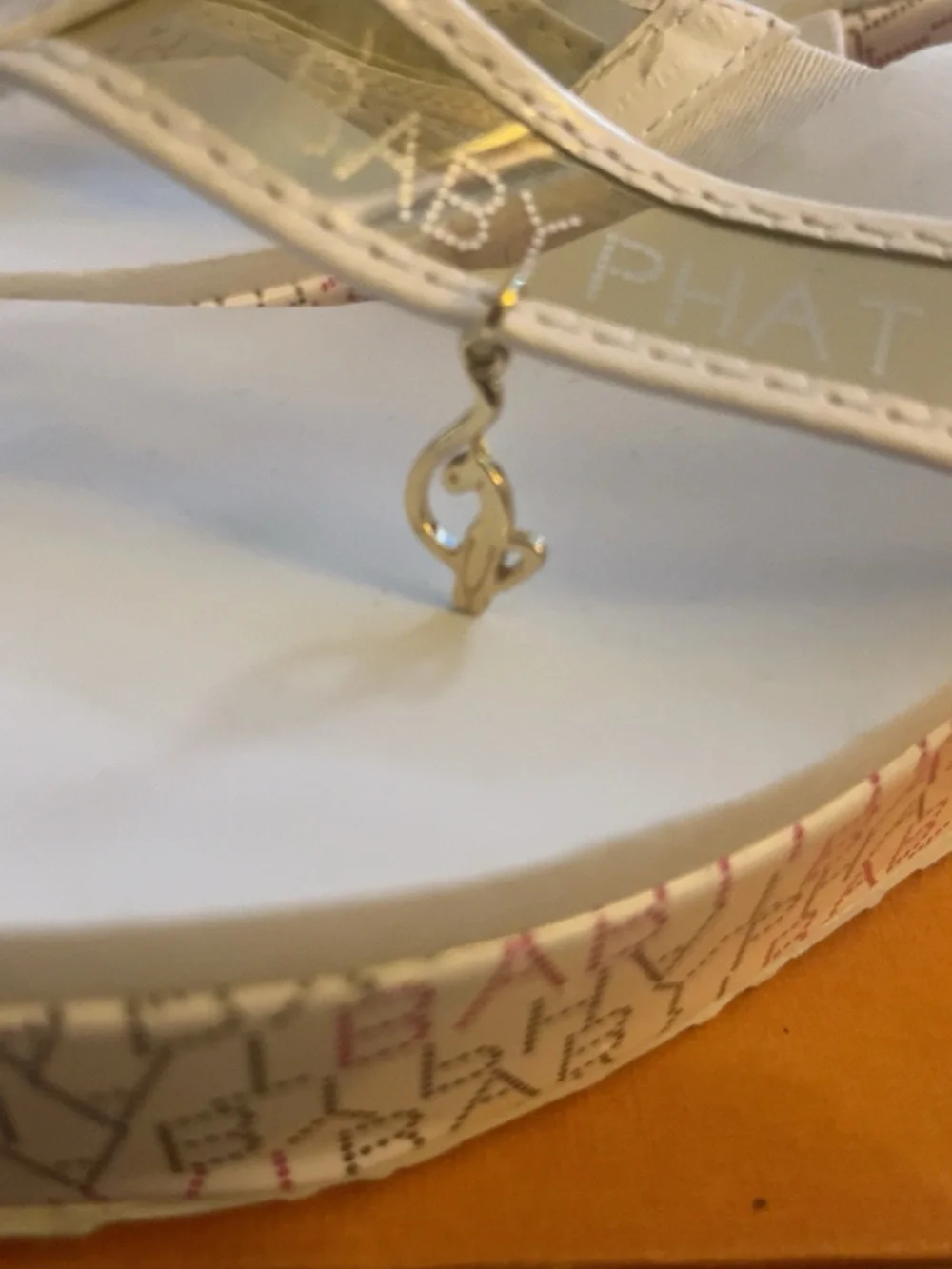 Baby Phat White Wedge Thong Sandals with Gold Accents